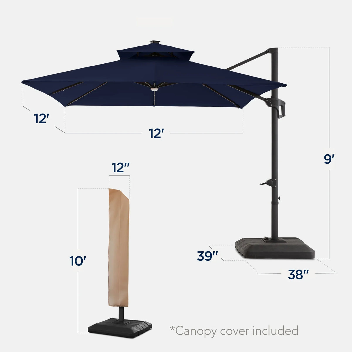 2026 NewBest Choice Products 12x12ft 2-Tier Square Outdoor Solar LED Cantilever Umbrella w/ 360-Rotating Base Navy Blue