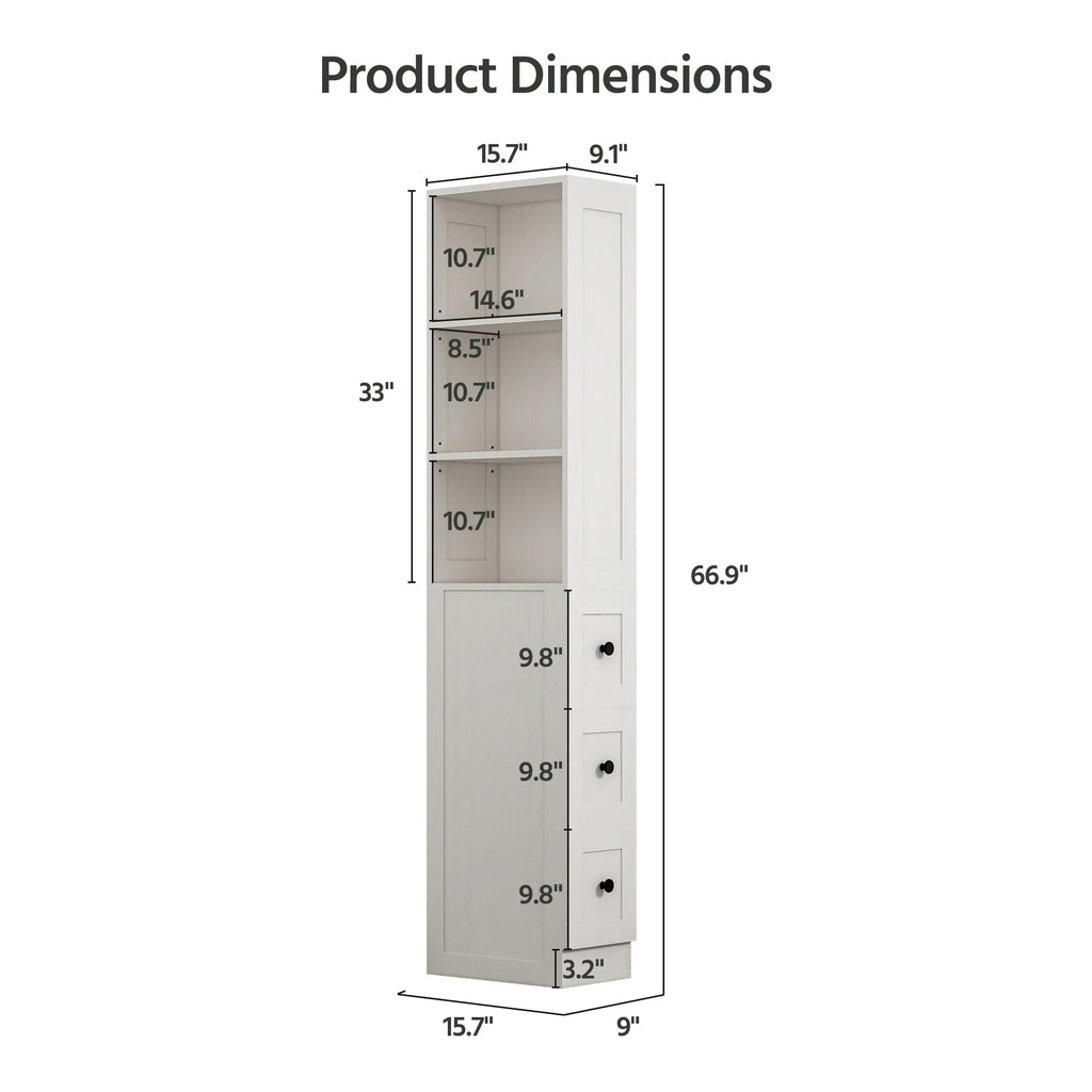 2026 NewLAUSAINT HOME Bathroom Storage Cabinet, Tall Thin White Storage with 2 Adjustable Shelves & 3-level Drawers for Home, Kitchen
