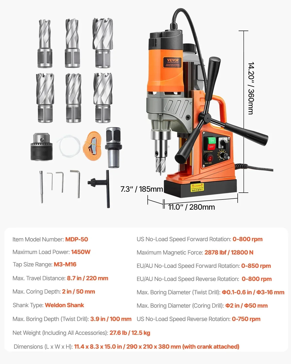 2026 NewVEVOR Magnetic Drill, 1450W Motor 2 in Boring Diameter, 2878 lbf Portable Electric Mag Drill Press, with 6 Coring Bits, Variable Speed, Drilling Machine for Metal Surface, Home Improvement Industry