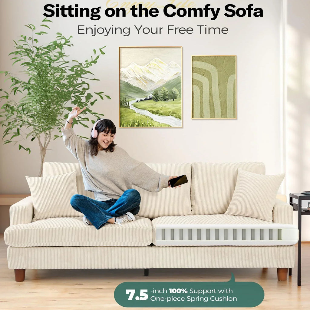 2026 New87" Corduroy Sofa,3 Seater Sofa with Extra Deep Seats,Neche Comfy Upholstered Couch for Living Room,2 Pillows,Green
