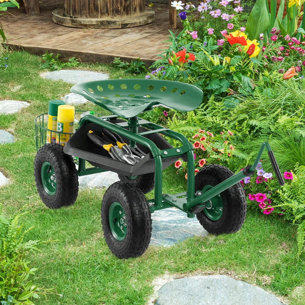 2026 NewCostway Garden Cart Rolling Work Seat for Planting with Extendable Handle Green