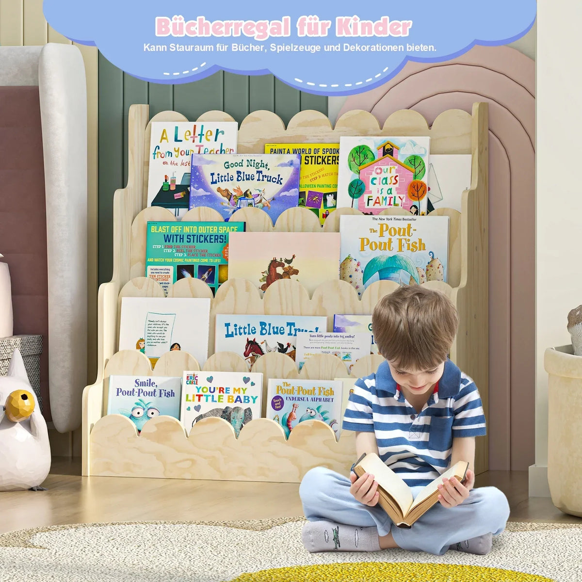 2026 NewMontessori Wood Kids Bookshelf - Scalloped 4-Tier Front-Facing Book Display, Nursery Organizer for Toddler/Baby Books & Toys, Gender-Neutral Classroom Playroom Storage