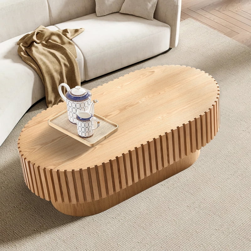 2026 NewFFH 43.7 inch Oval Coffee Table for Living Room,Handcraft Rustic Corner Coffee Table Nature Wood Relief Sturdy Pedestal for Apartmen,Side Table Centre Table,Nature Wood