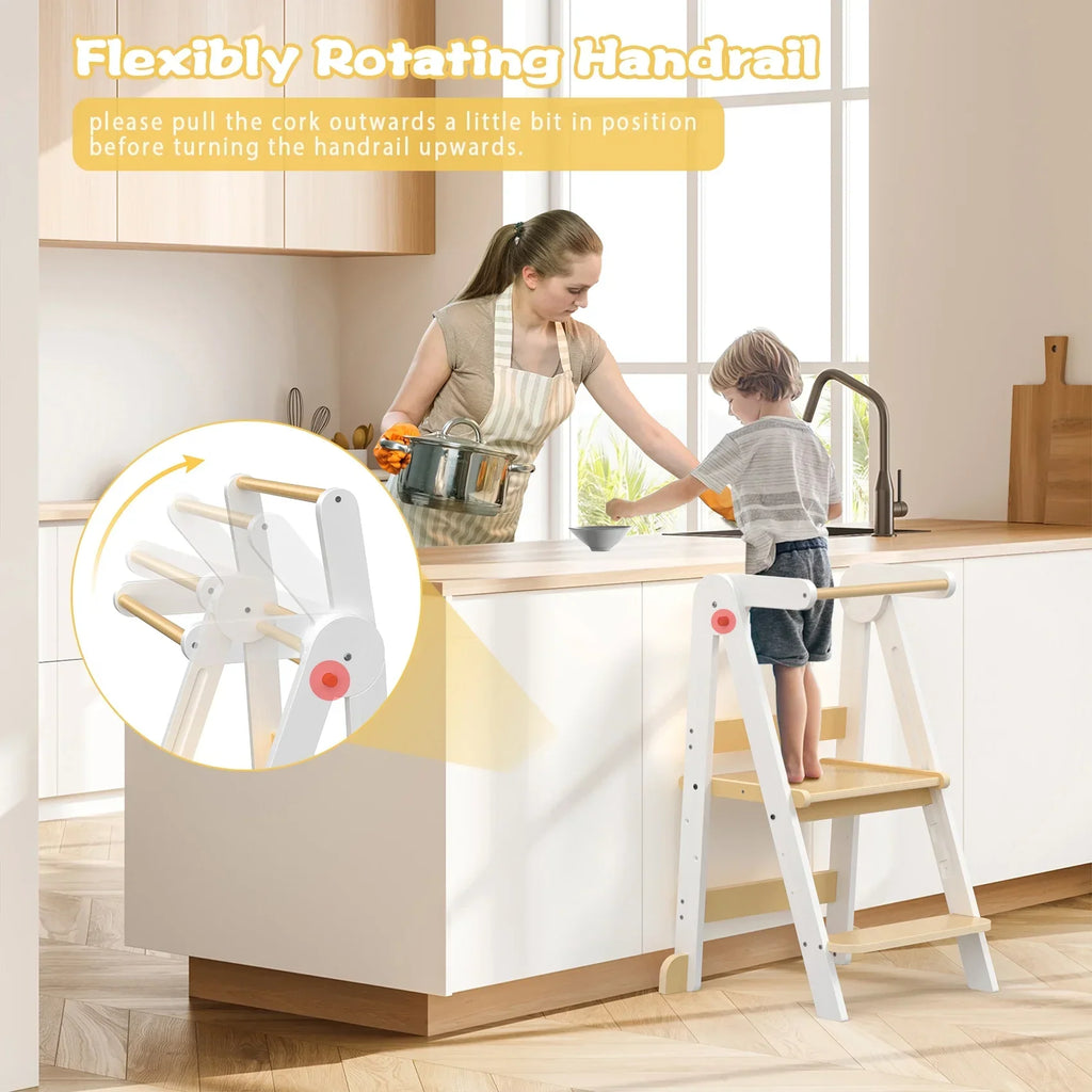 2026 NewJOZ Kitchen Toddlers Step Stool, Montessori Kids Learning Stool, Foldable Toddler Tower for Counter, Standing Helper for Children, 3 Adjustable Heights, Wooden, White