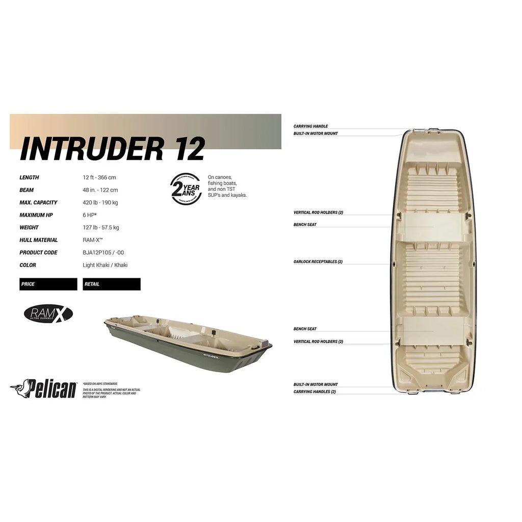 2026 NewPelican - Boat Intruder 12 - Jon Fishing Boat - 12 ft. - Great for Hunting/Fishing, Khaki/Beige