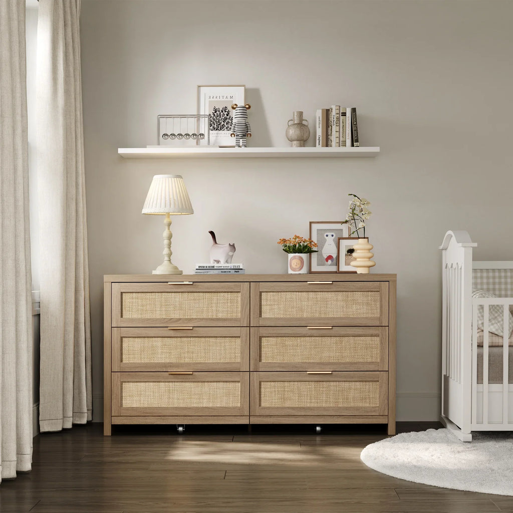 2026 NewSICOTAS 56.85" 6 Drawer Dresser,Rattan Dresser with Storage,Boho Dressers & Chests of Drawers Wooden Tall Dresser for Bedroom