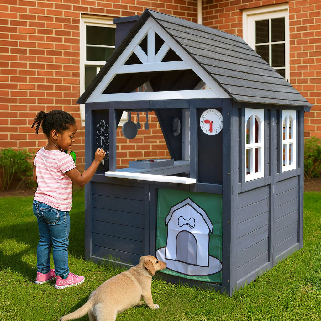 2026 NewCOCLUB Outdoor Playhouse for Kids Ages 4-8, Wooden Play House with Doorbell, Phone, Kitchen Toys, Outdoor Kids Play Equipment, Casa Para Niñas (45”L x 65”H), White & Black
