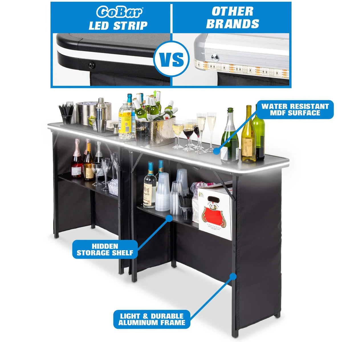 2026 NewGoBar Portable Double Bar Table Set with Multi-Color LED Lights - Mobile Bartender Station for Events - Includes Carrying Case
