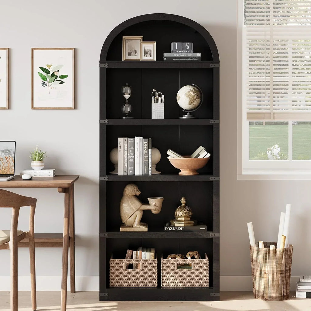 2026 NewBookcase 5 Shelf Arched Bookshelf 71.65in Tall Bookcase Farmhouse Display Storage Rack Wooden Bookshelves for Home Office, Living Room(white)
