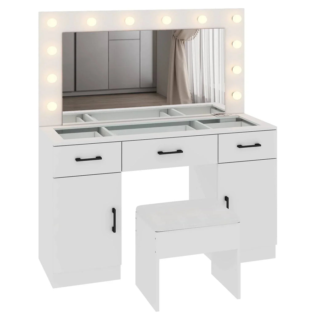 2026 NewKtaxon Large Makeup Vanity, Vanity Table Set w/ Visible Glass Top w/ Charging Station, White