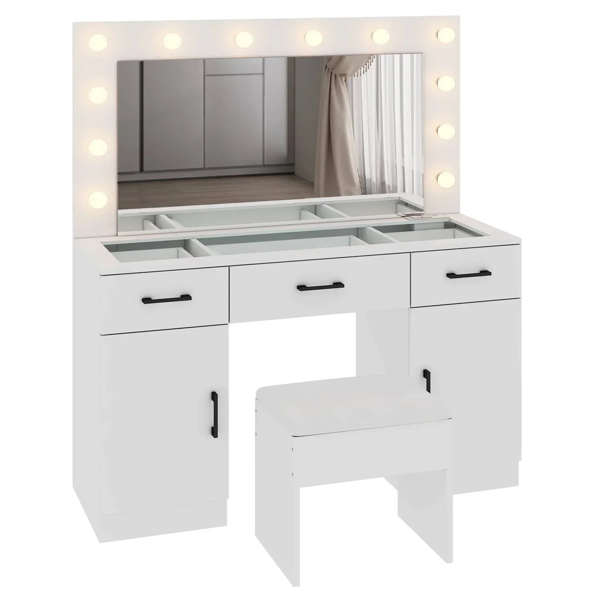 2026 NewKtaxon Large Makeup Vanity, Vanity Table Set w/ Visible Glass Top w/ Charging Station, White
