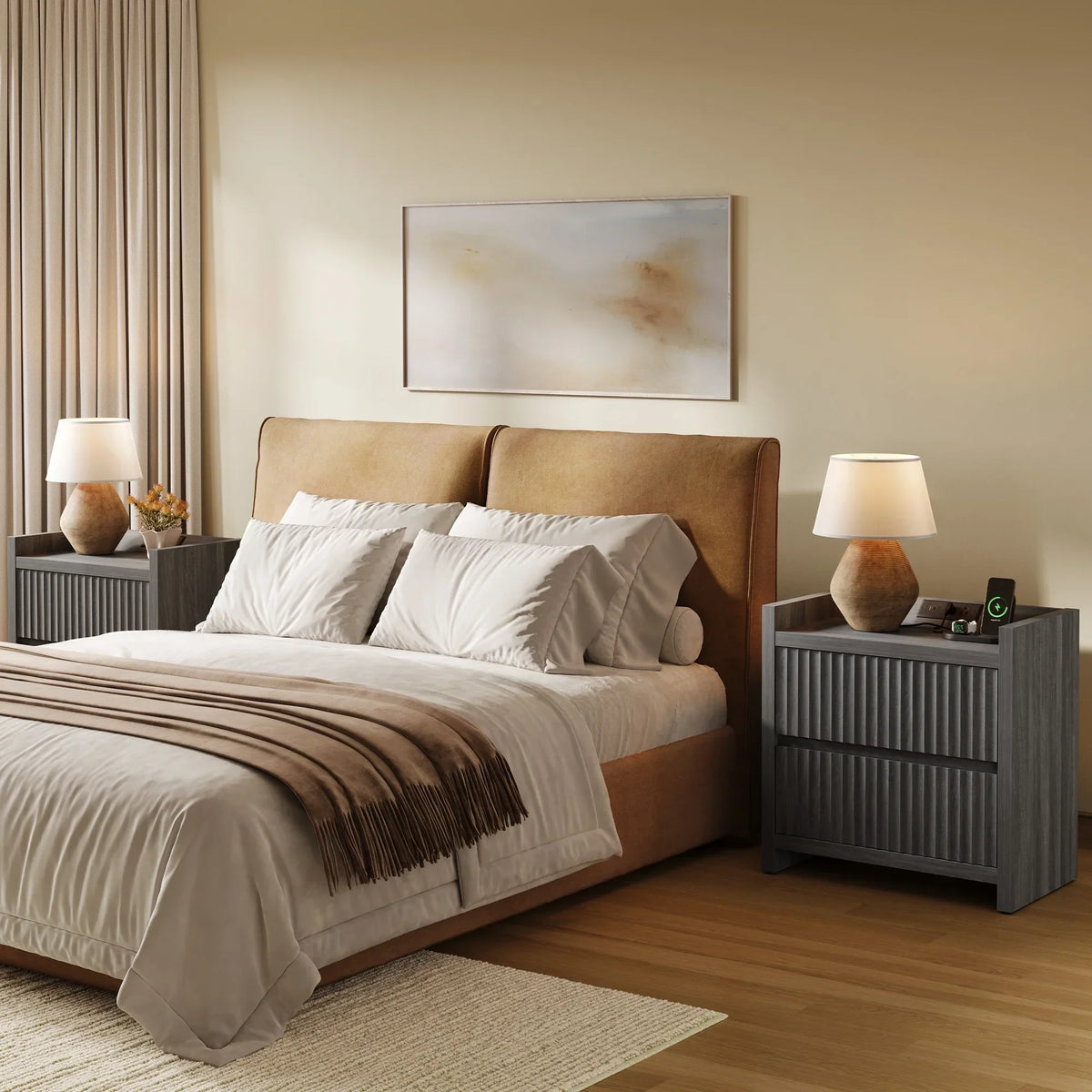 2026 NewSICOTAS 25.4" Wide Nightstand Set of 2 with Charging Station, Modern Night Stand with 2 Fluted Dresser & Handle-Less Storage Farmhouse Bed Side Table for Bedroom, Natural Oak
