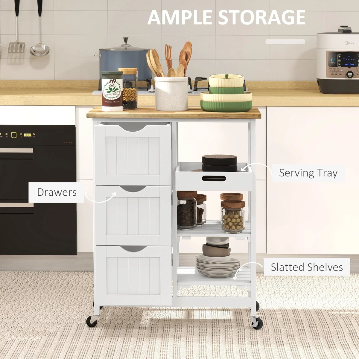2026 NewHOMCOM Rolling Kitchen Island Cart, Bar Serving Cart, Compact Trolley on Wheels with Wood Top, Shelves & Drawers for Home Dining Area, Grey