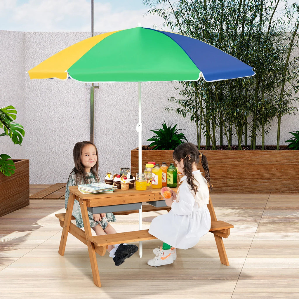 2026 NewCostway 3-in-1 Kids Picnic Table Wooden Outdoor Sand & Water Table with Umbrella Play Boxes Green