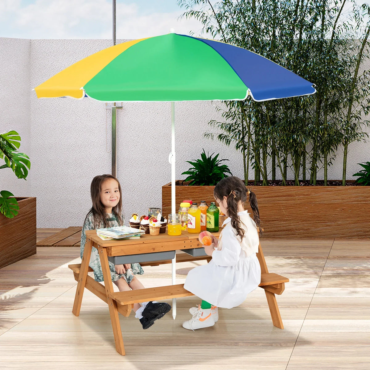 2026 NewCostway 3-in-1 Kids Picnic Table Wooden Outdoor Sand & Water Table with Umbrella Play Boxes Green