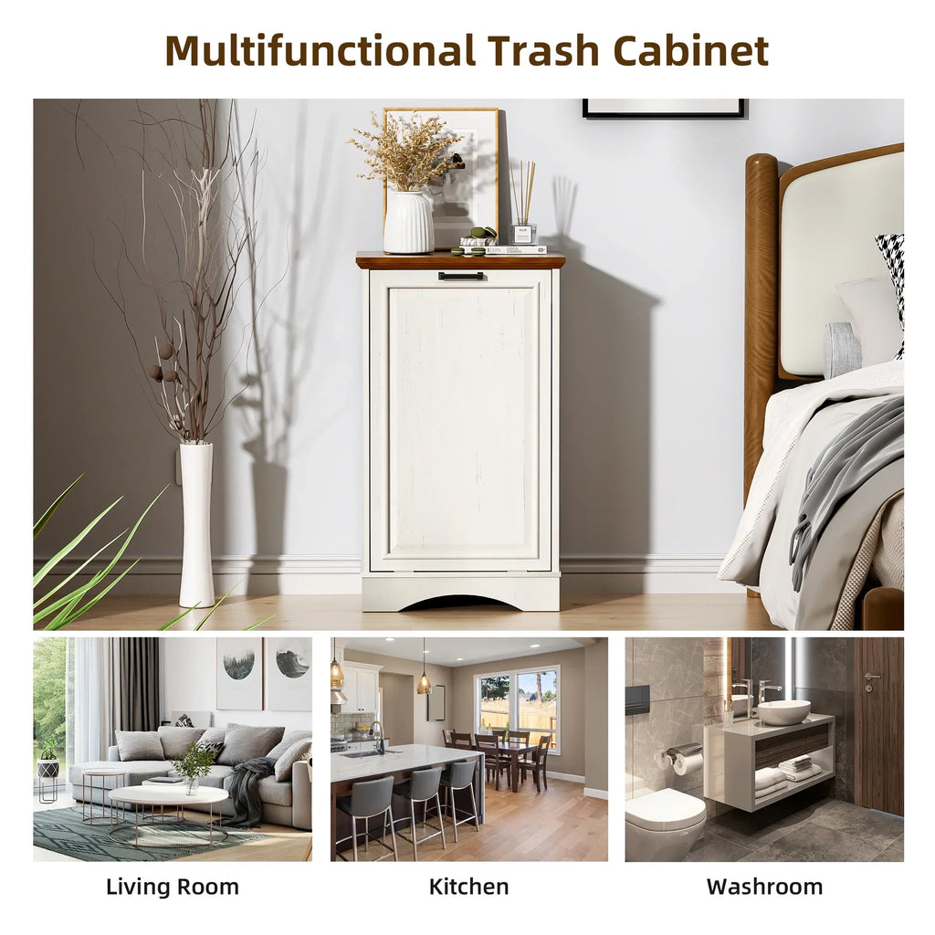 2026 NewHARIPUL Single Tilt Out Trash Cabinet for 13 Gallon Waste Bin, Free Standing Kitchen Trash Can Cabinet with Drawers, White