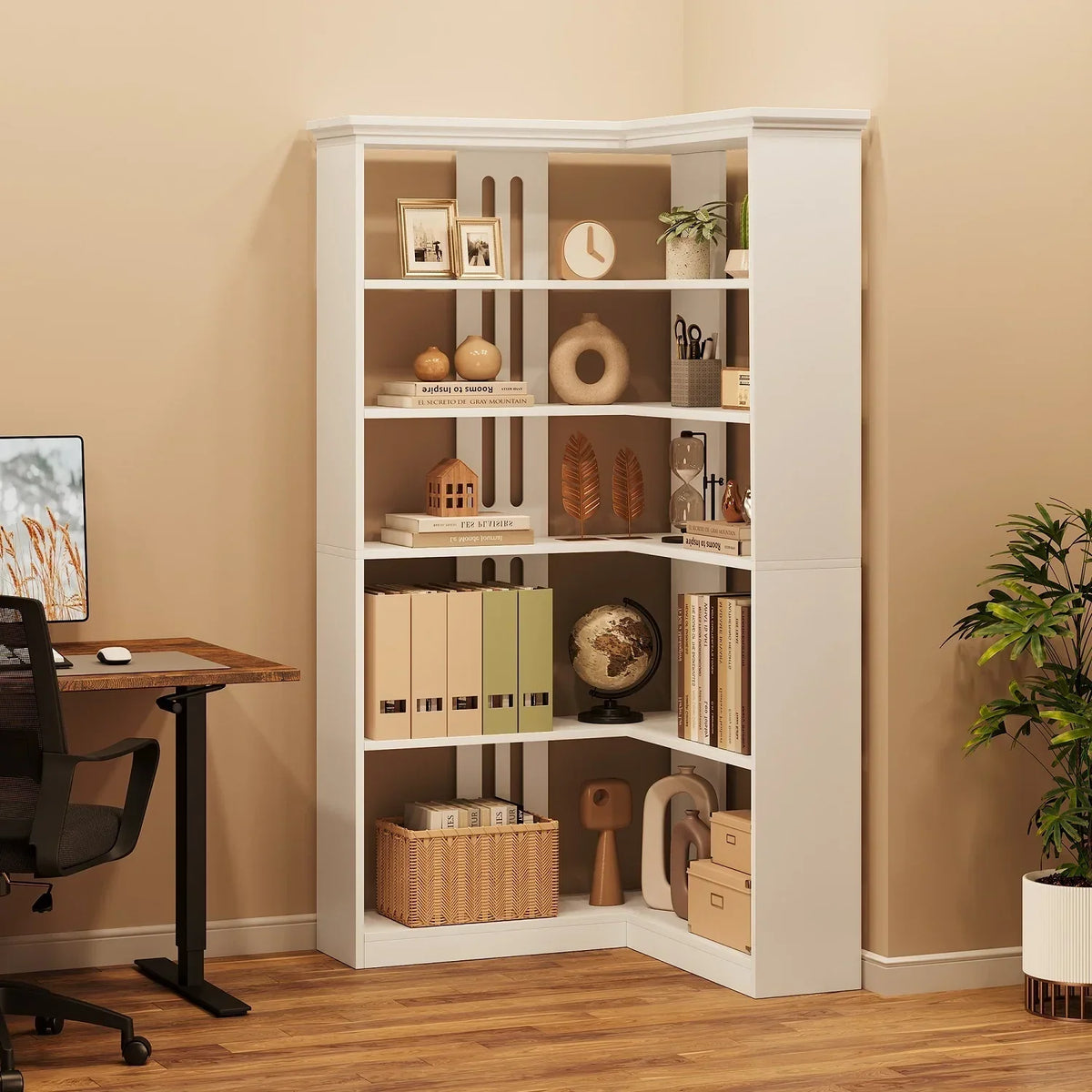 2026 NewEuKer 5 Tier Corner Bookcase, L-Shaped Bookshelf with Large Storage Capacity for Living Room, Bedroom, Office (Half Panel, Retro Brown)