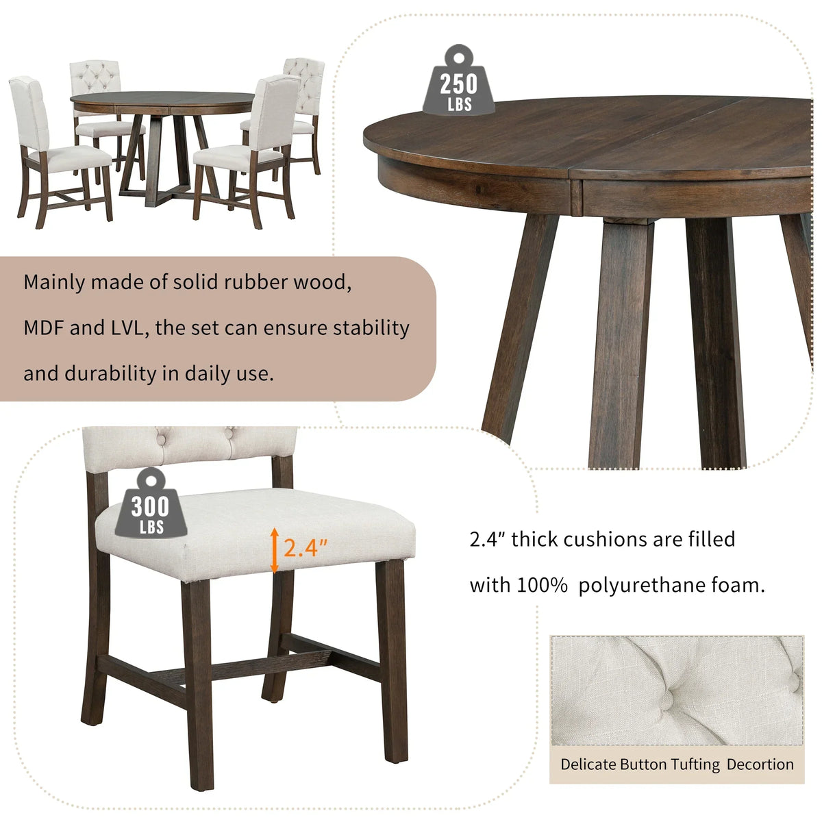 2026 New5 Piece Round Dining Table Set, Dining Room Set with Extendable Table and 4 Upholstered Chairs, Wood Dining Table Set for 4, Farmhouse Dining Table Set for Kitchen Dining Room Dorm Apartment, Brown