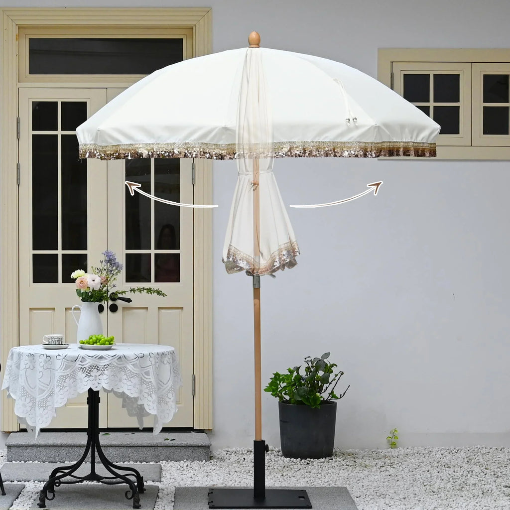 2026 NewLAGarden 6 Ft Fringe Patio Umbrella with Tassel Jazz Age Wood UPF50+ for Outdoor, Beige with gold tassel,Model: JZ6-01