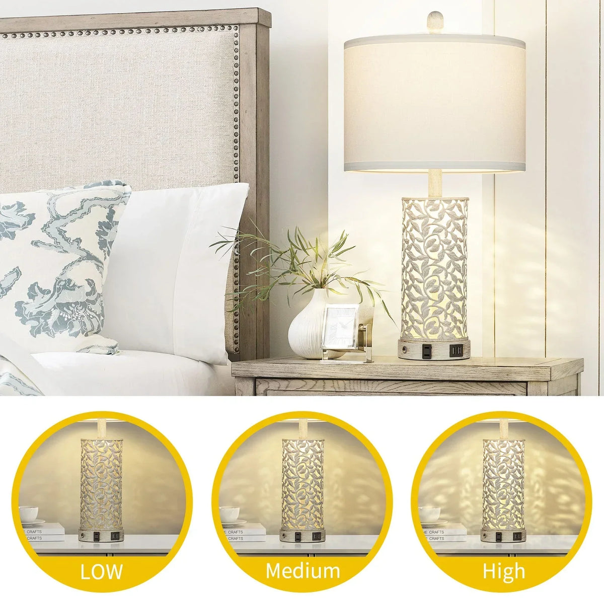 2026 NewCinkeda Table Lamp Set of 2 for Living Room Bedroom with USB Ports AC Outlet 3 Way Dimmable Touch Nightlight Farmhouse White Floral Nightstand Bedside Lamps