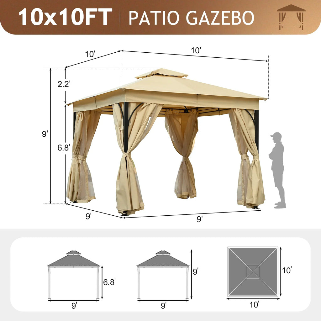 2026 New10'x10' Outdoor Gazebo,Patio Gazebo with Mosquito Netting and Privacy Screens for Backyard, Garden, Lawn and Deck,Grey
