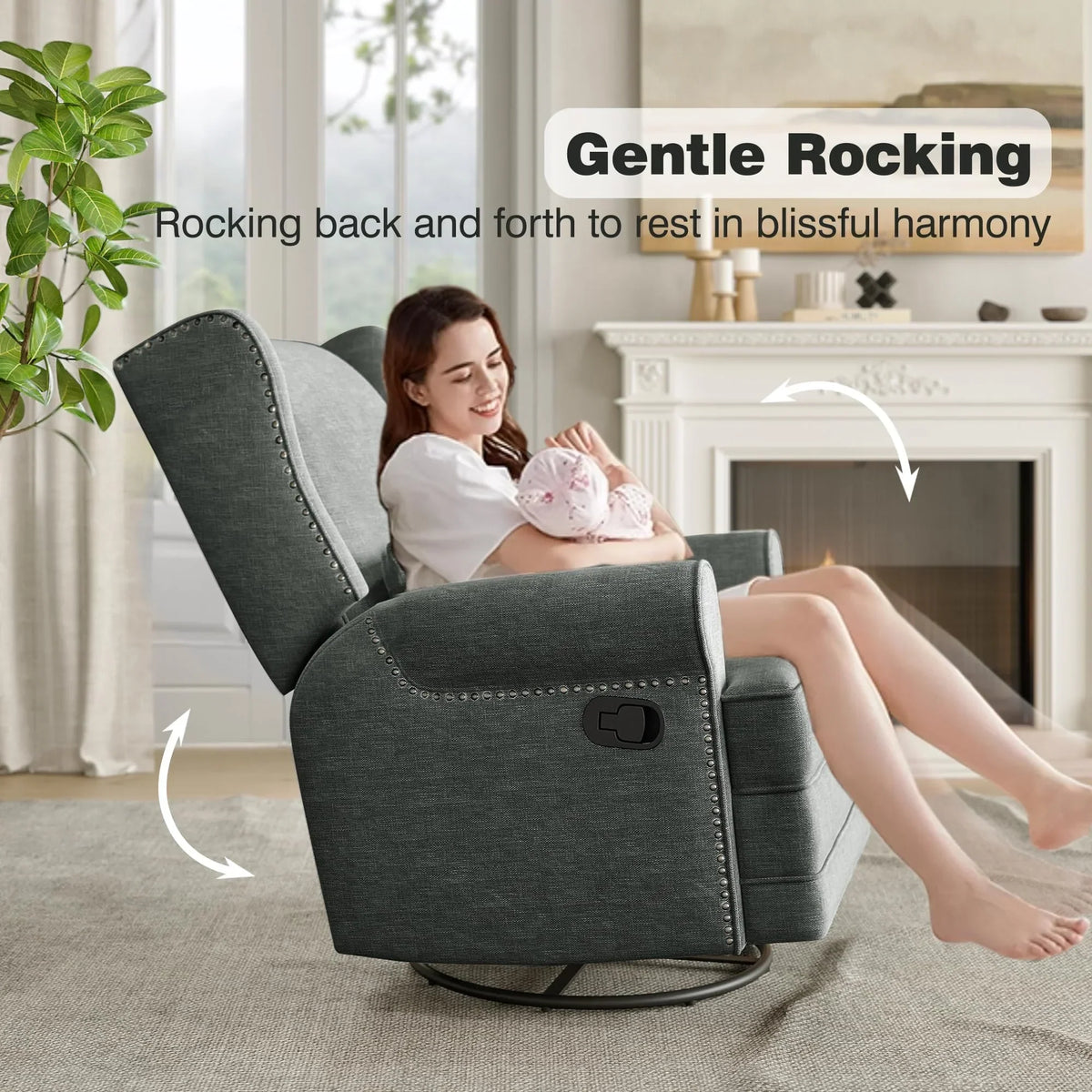 2026 NewRoyalcraft Swivel Nursery Glider Recliner, Comfy Upholstered Glider Chair with Lumbar Pillow and Footrest, Beige