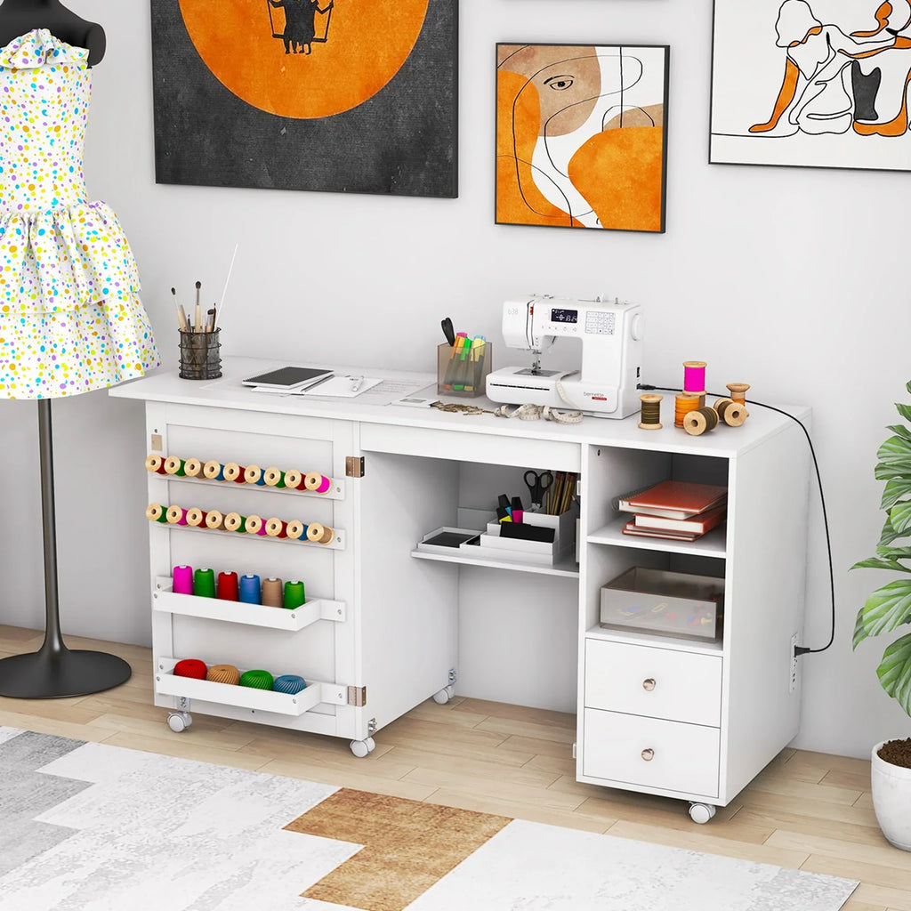 2026 NewCostway Folding Sewing Table Charging Station Multifunctional Sewing Machine Cart Table