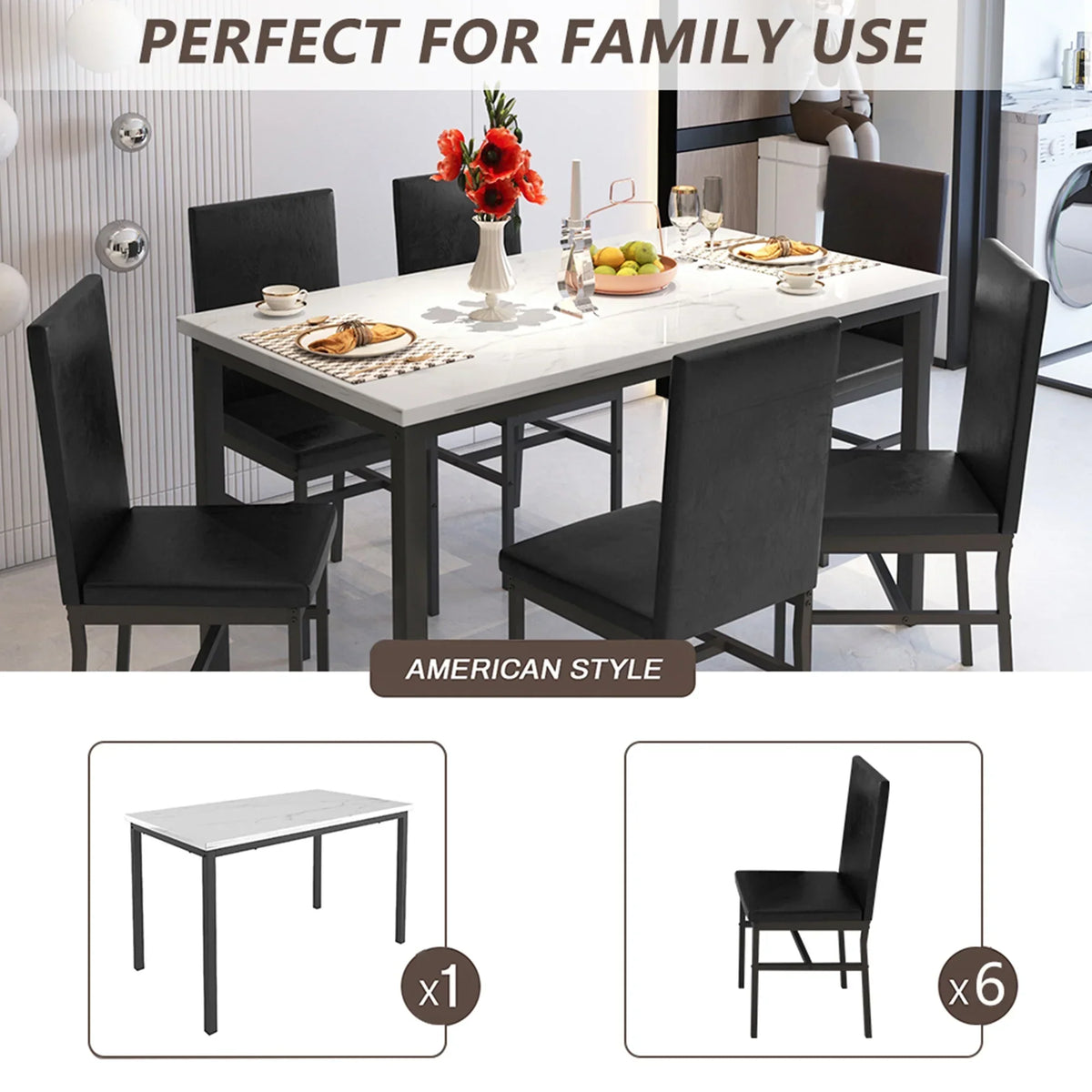 2026 NewDining Table with 6 High-back Upholstered Chairs, Modern Dinette Set, Dining Table and Chairs Set for 6 Persons, Small Home Kitchen Dining Table Set, Ideal for Apartment Breakfast Nook Bar, B1470