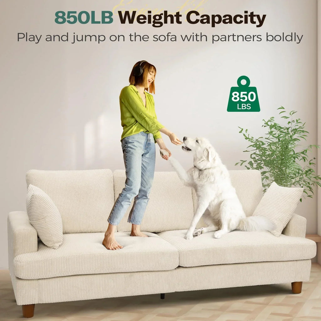 2026 New87" Corduroy Sofa,3 Seater Sofa with Extra Deep Seats,Neche Comfy Upholstered Couch for Living Room,2 Pillows,Green