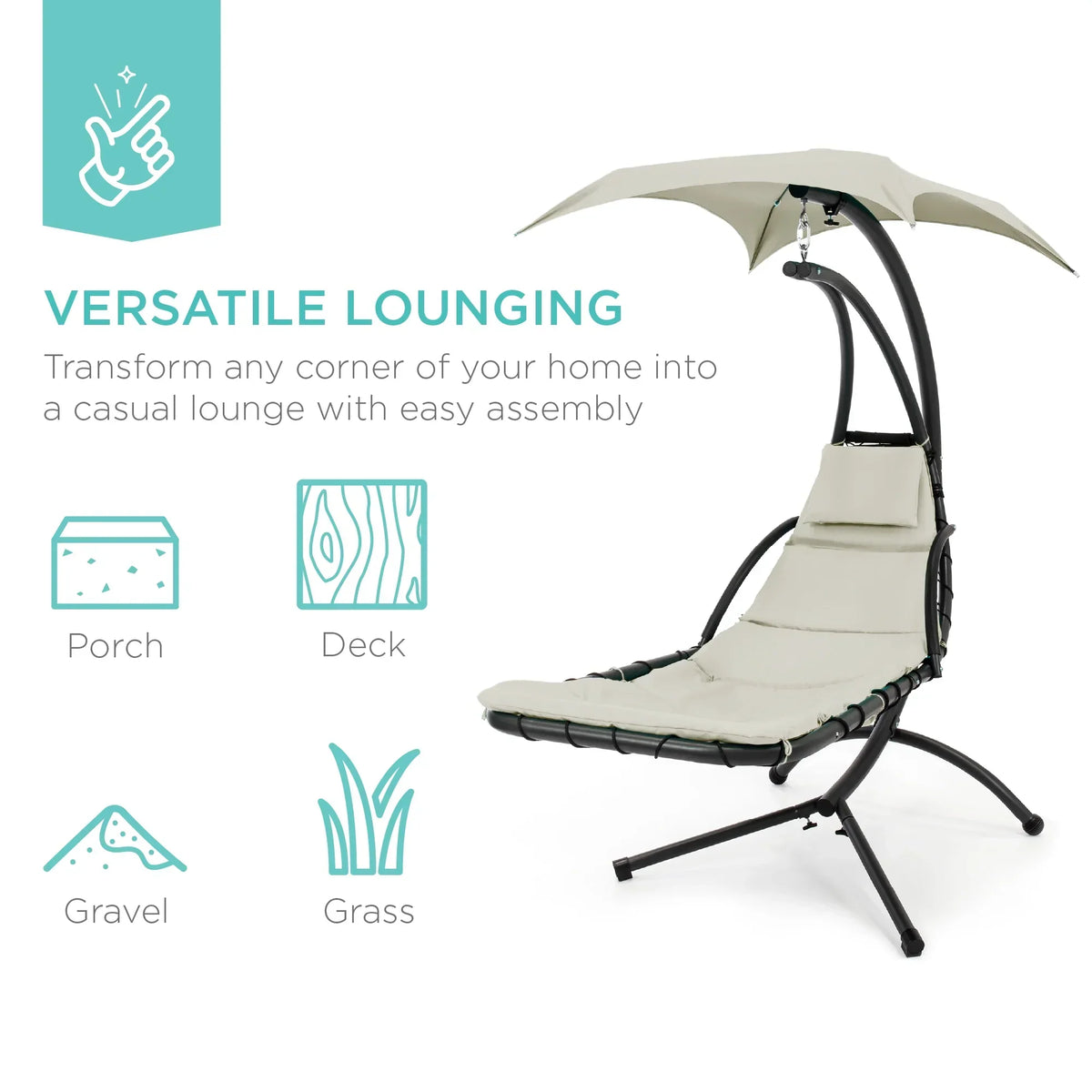 2026 NewBest Choice Products Hanging Curved Chaise Lounge Chair Swing for Backyard, Patio w/ Pillow, Shade, Stand - Teal