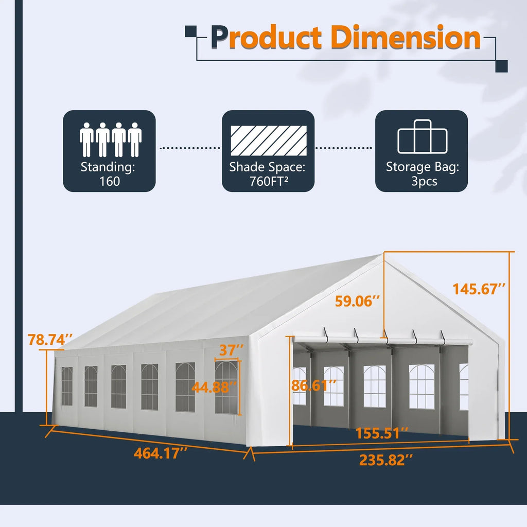 2026 New20x40 FT Heavy-Duty Party Tent with 3 Storage Bags - Large Waterproof Wedding Event Shelter for Removable Sidewalls & Zipper Door - Outdoor Commercial Tent for Parties Carport Camping BBQ Garden