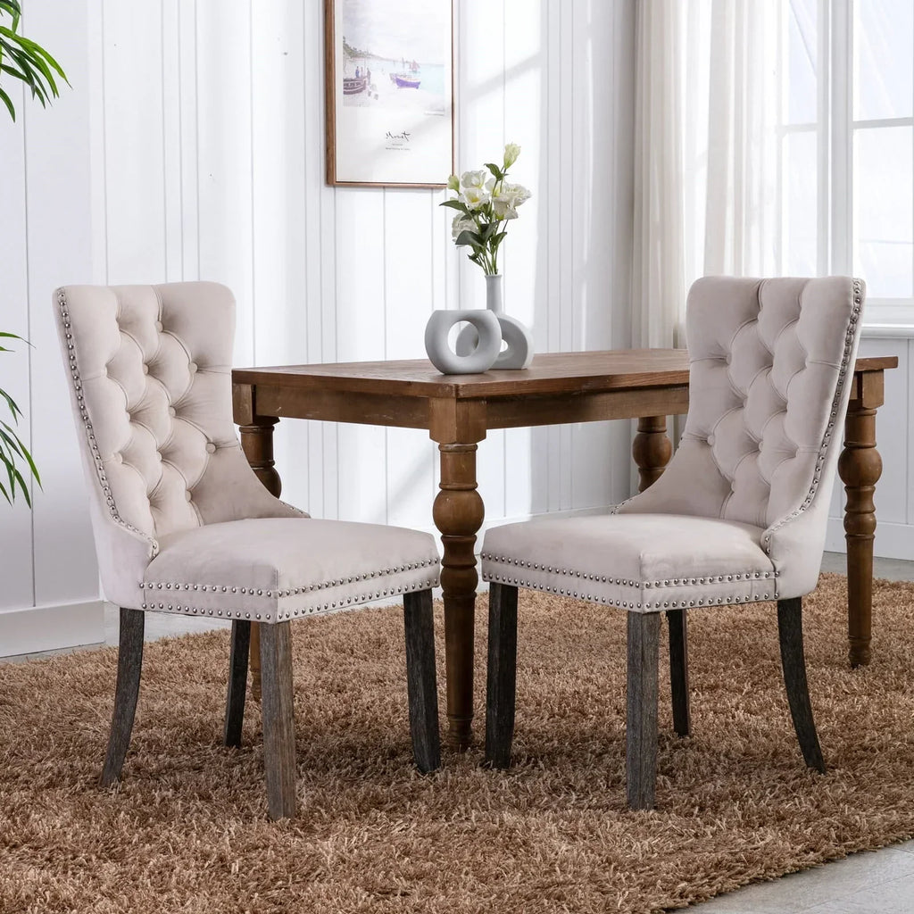 2026 NewTzicr Dining Chairs Set of 4, Velvet Upholstered Dining Chairs with Nailhead Back and Ring Pull Trim,Solid Wood Dining Chairs for Kitchen/Bedroom/Dining Room,Modern Fabric Dining Set,Beige