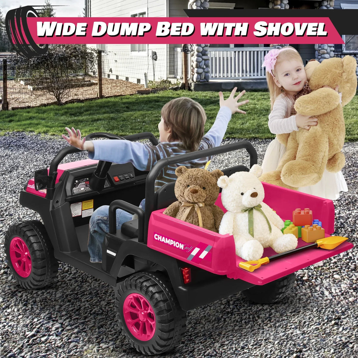 2026 NewJoyracer 4WD 24 Volt Ride on Toys UTV with 2 Seater & Remote Control, Kids Electric Golf Cart w/ 4x200W Power Motors, Tiltable Trailer & Shovel, 4 Wheels Spring Suspension, Bluetooth USB Music, Black