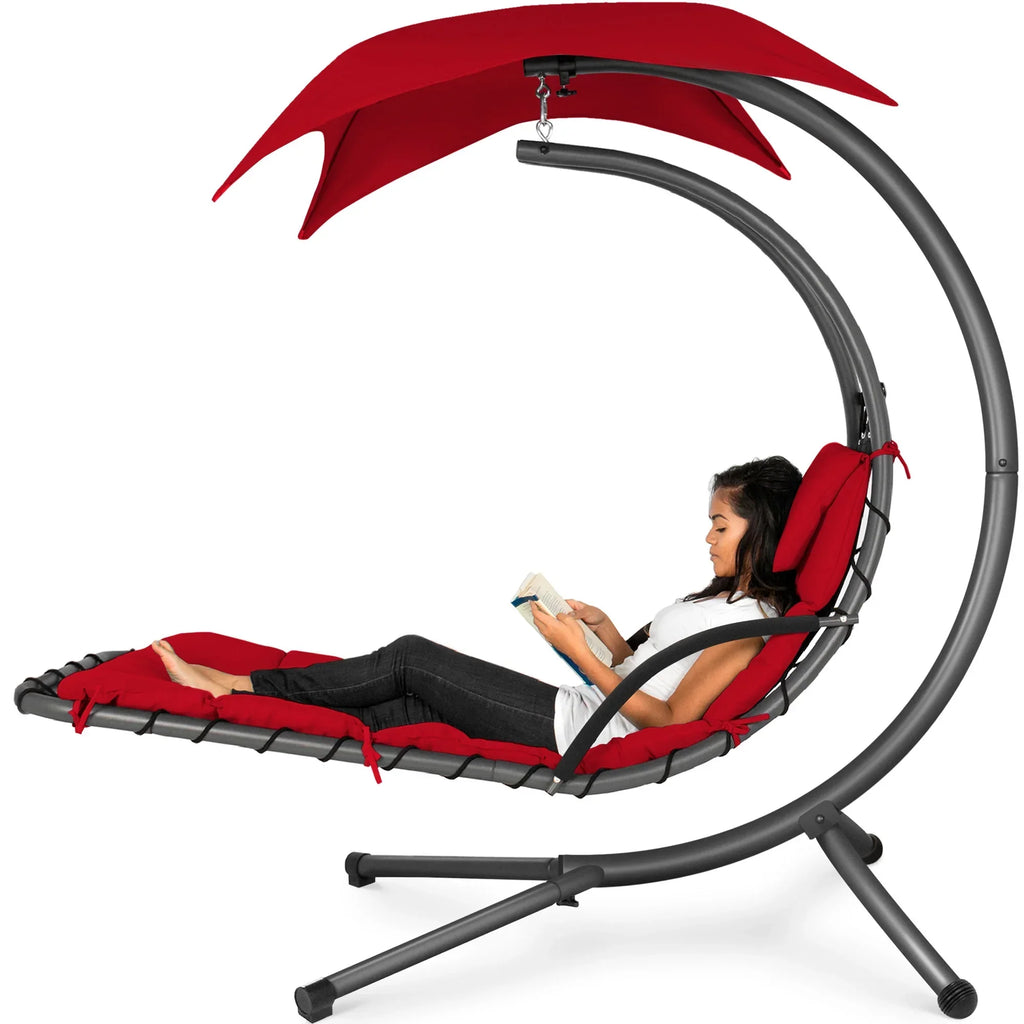 2026 NewBest Choice Products Hanging Curved Chaise Lounge Chair Swing for Backyard, Patio w/ Pillow, Shade, Stand - Teal