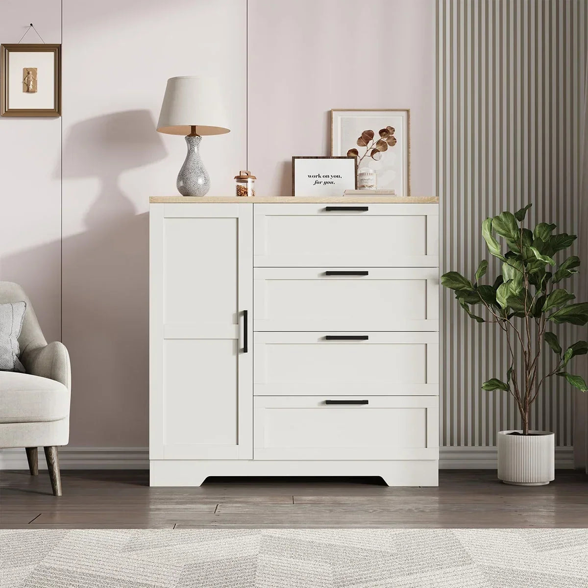 2026 NewAtaucjin Wood Armoire Wardrobe Closet with 4 Drawers and Door, 43.3" H Bedroom Wardrobe Cabinet with Hanging Rod, Clothing Storage Cabinets, 4 Drawers Dresser with Storage Closet