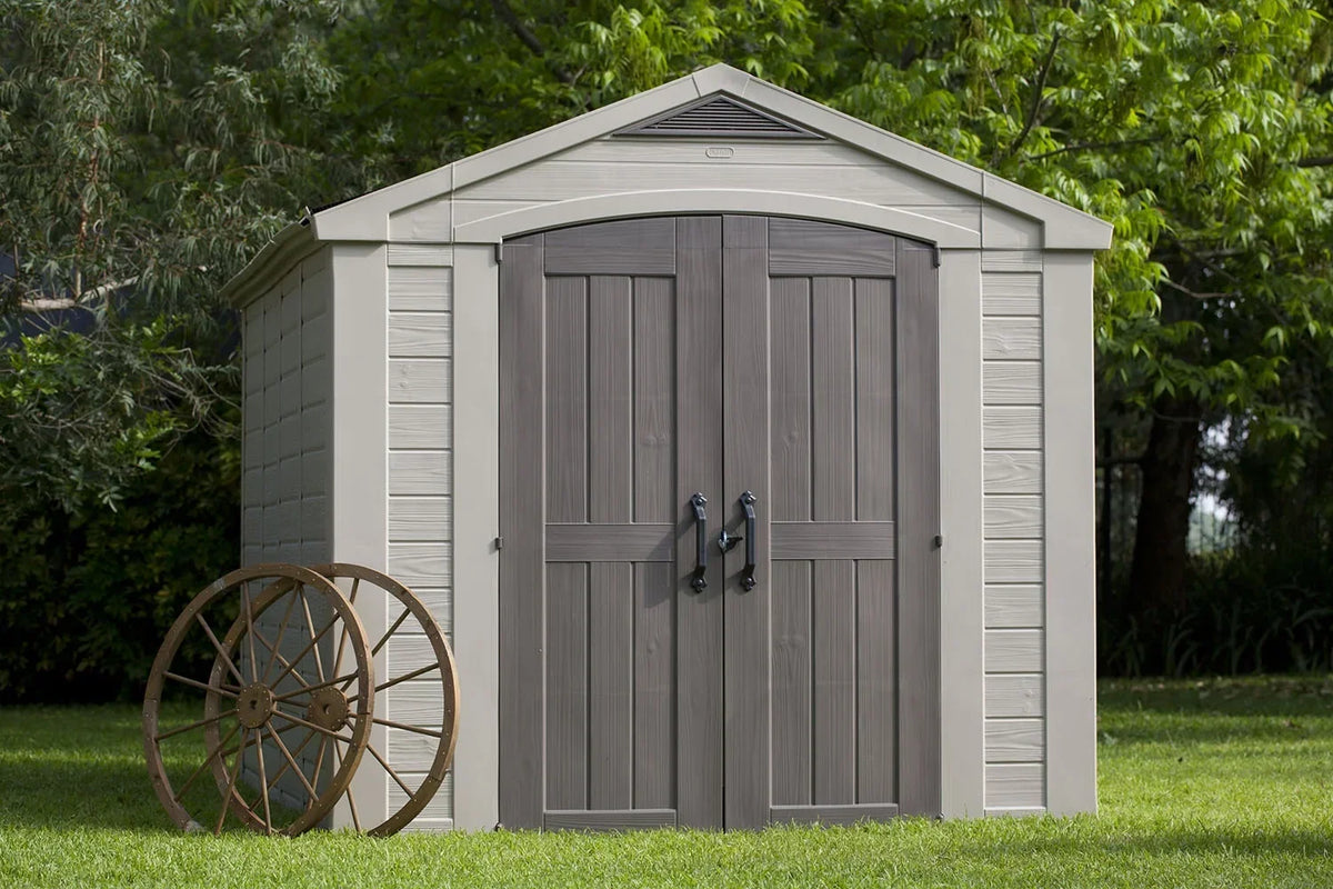 2026 NewKeter Factor 8 x 11 Foot All Weather Resin Outdoor Storage Shed, Taupe