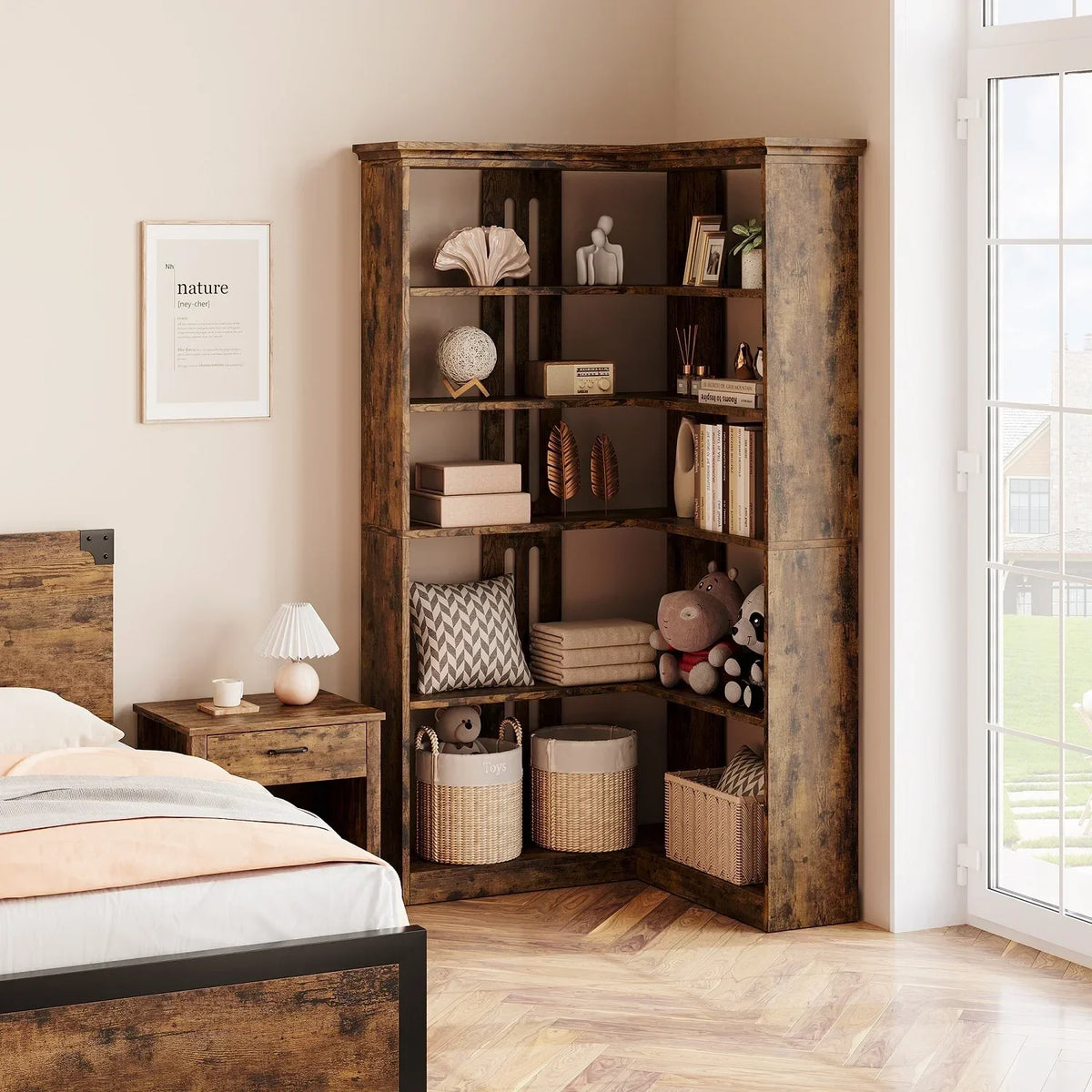 2026 NewEuKer 5 Tier Corner Bookcase, L-Shaped Bookshelf with Large Storage Capacity for Living Room, Bedroom, Office (Half Panel, Retro Brown)