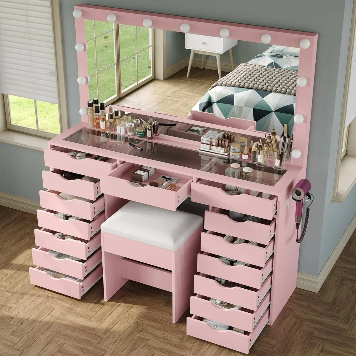 2026 NewYanosaku 15 Drawers Vanity Desk with Power Outlet, Makeup Table with Mirror and 13 LED Lights, 3 Color Lighting Modes, Brightness Adjustable, Glass Top Dressing Table, Vanity Set for Bedroom