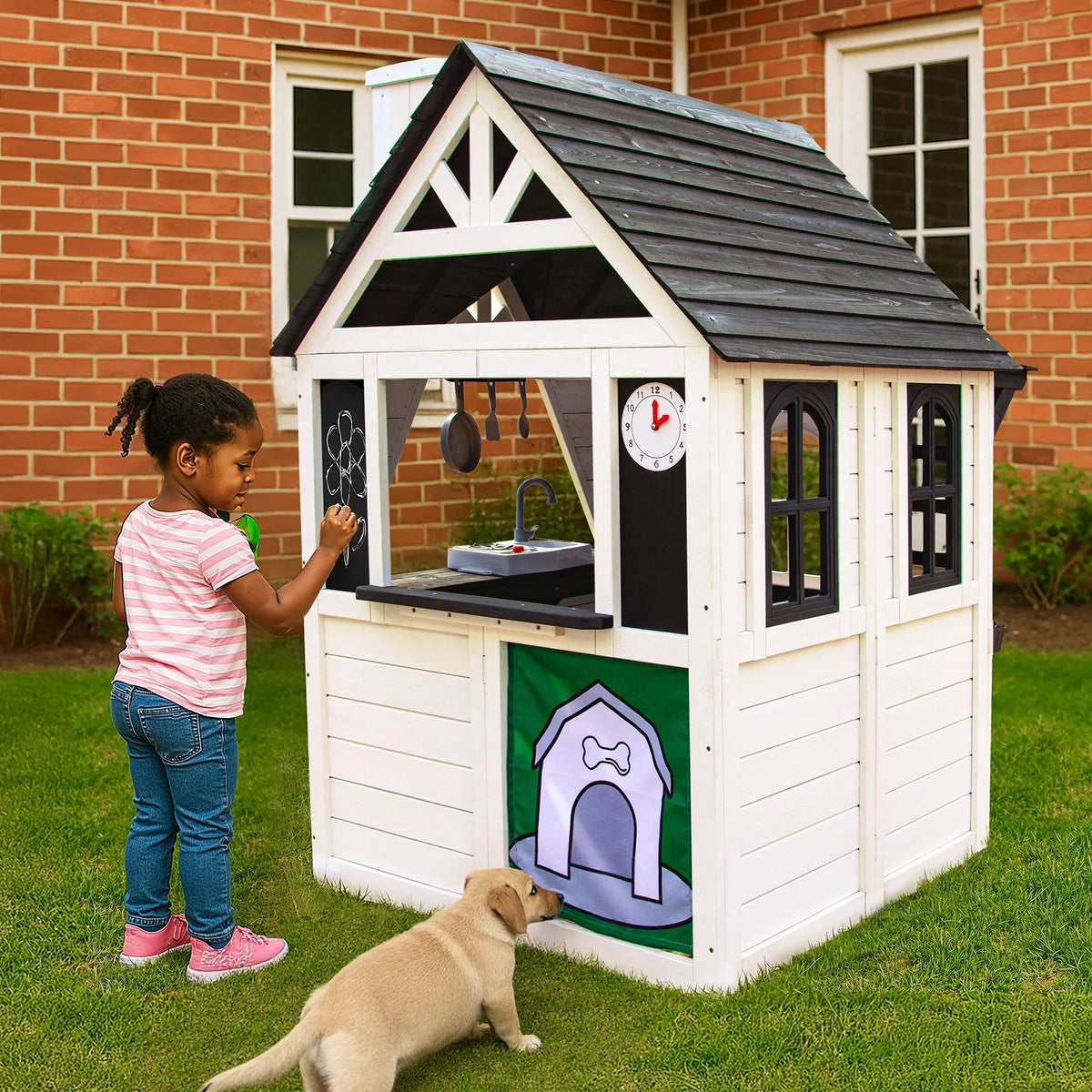 2026 NewCOCLUB Outdoor Playhouse for Kids Ages 4-8, Wooden Play House with Doorbell, Phone, Kitchen Toys, Outdoor Kids Play Equipment, Casa Para Niñas (45”L x 65”H), White & Black
