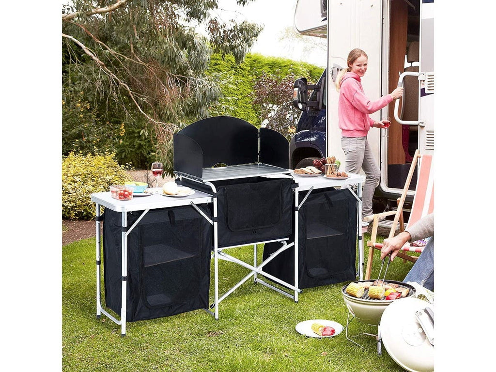 2026 NewInch Aluminum Portable Fold-Up Camping Kitchen with Windscreen and 5 Enclosed Cupboards, Cook Station, for BBQ, Camping, Picnic, Backyard