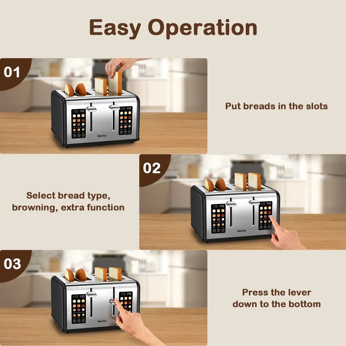 2026 NewMecity 4-Slice Touchscreen Toaster, Stainless Steel, 6 Browning Settings, Reheat, Cancel, Defrost, Removable Tray