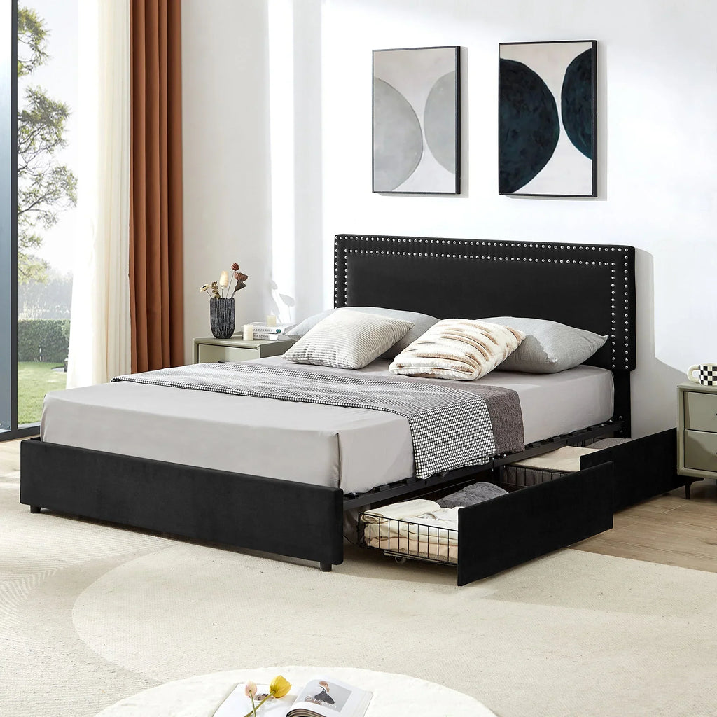 2026 NewVECELO Full Bed Frame with 4 Storage Drawers (Wheeled) and Tufted Upholstered Adjustable Headboard Platform Bed, Beige