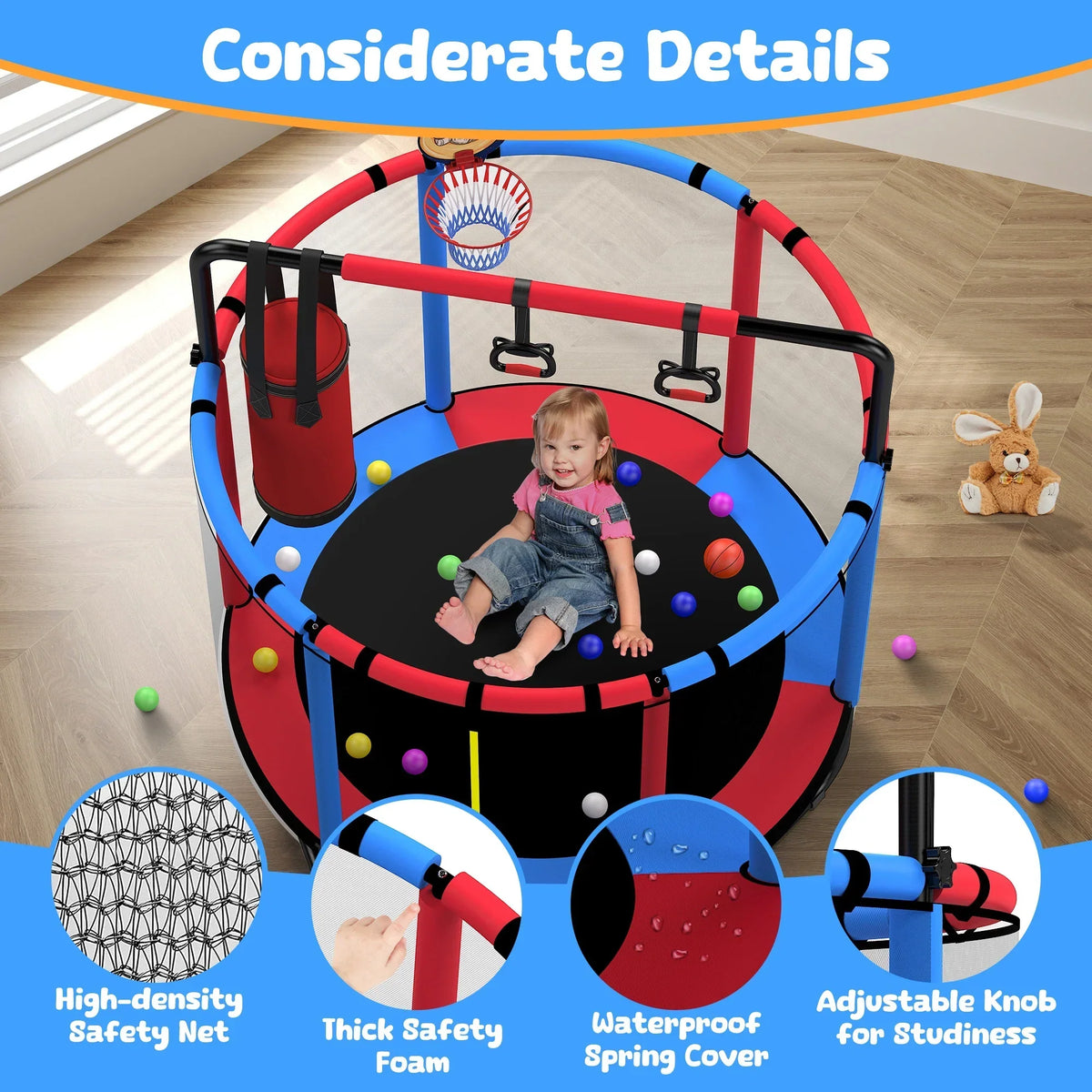 2026 NewMini Round Trampoline for Kids with Basketball Hoop, SEGMART 55'' Indoor Outdoor Toddler Trampoline with Enclosure Net, Swing, Sandbag, Ring, Ocean Balls, Small Trampoline Gift for Boys Girls, Blue