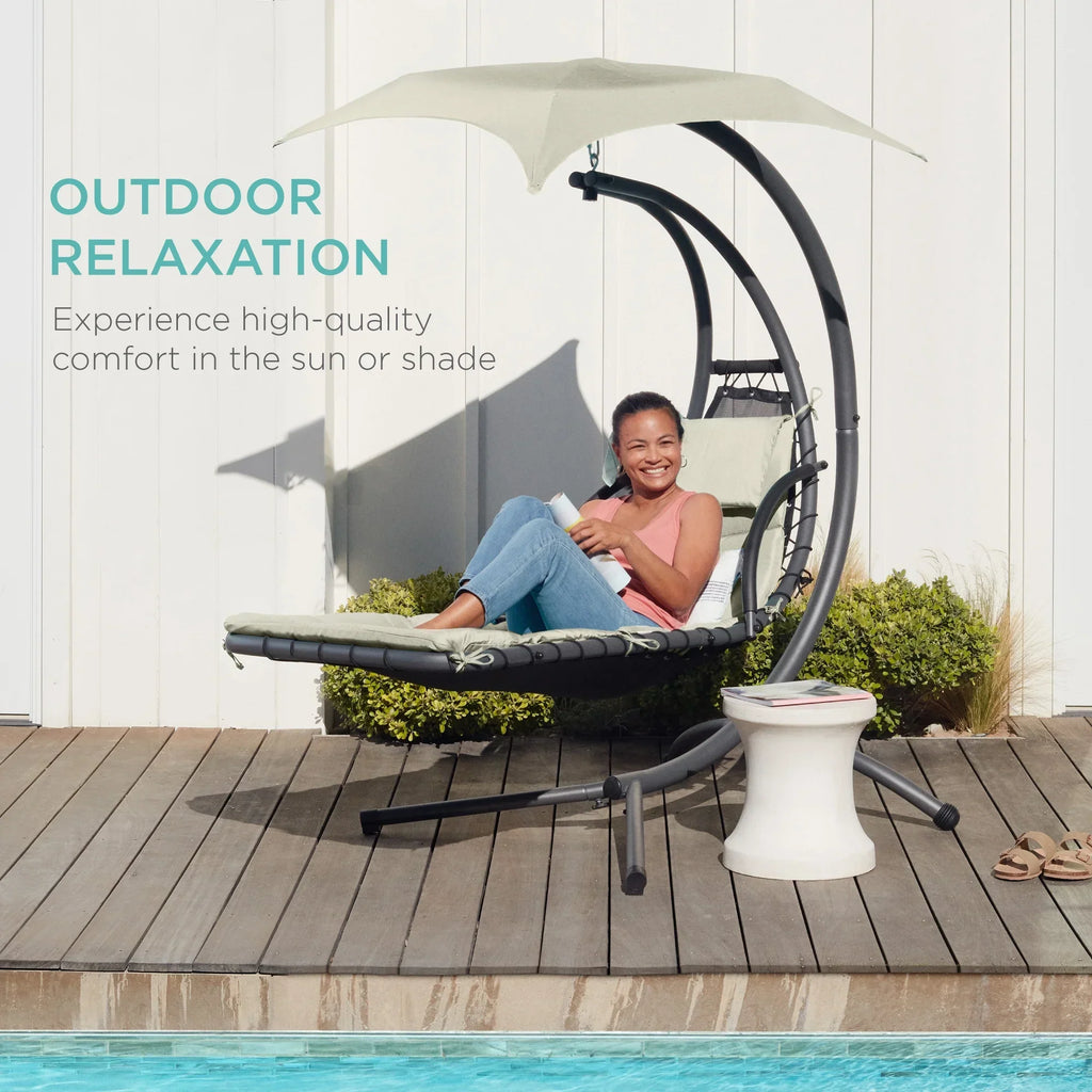 2026 NewBest Choice Products Hanging Curved Chaise Lounge Chair Swing for Backyard, Patio w/ Pillow, Shade, Stand - Teal