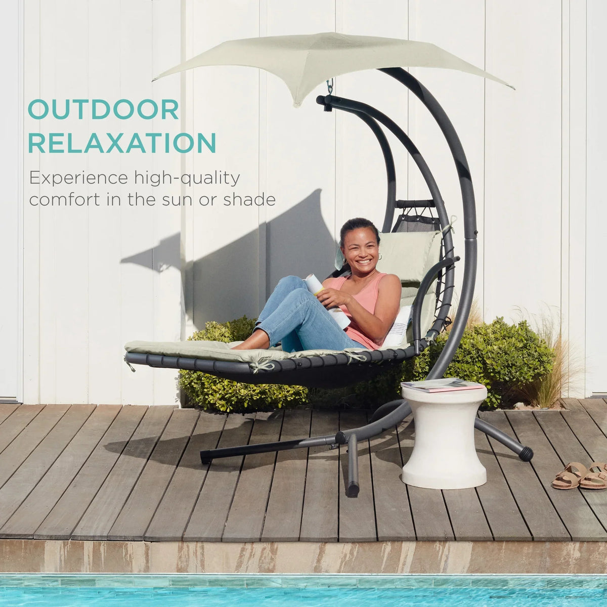 2026 NewBest Choice Products Hanging Curved Chaise Lounge Chair Swing for Backyard, Patio w/ Pillow, Shade, Stand - Teal