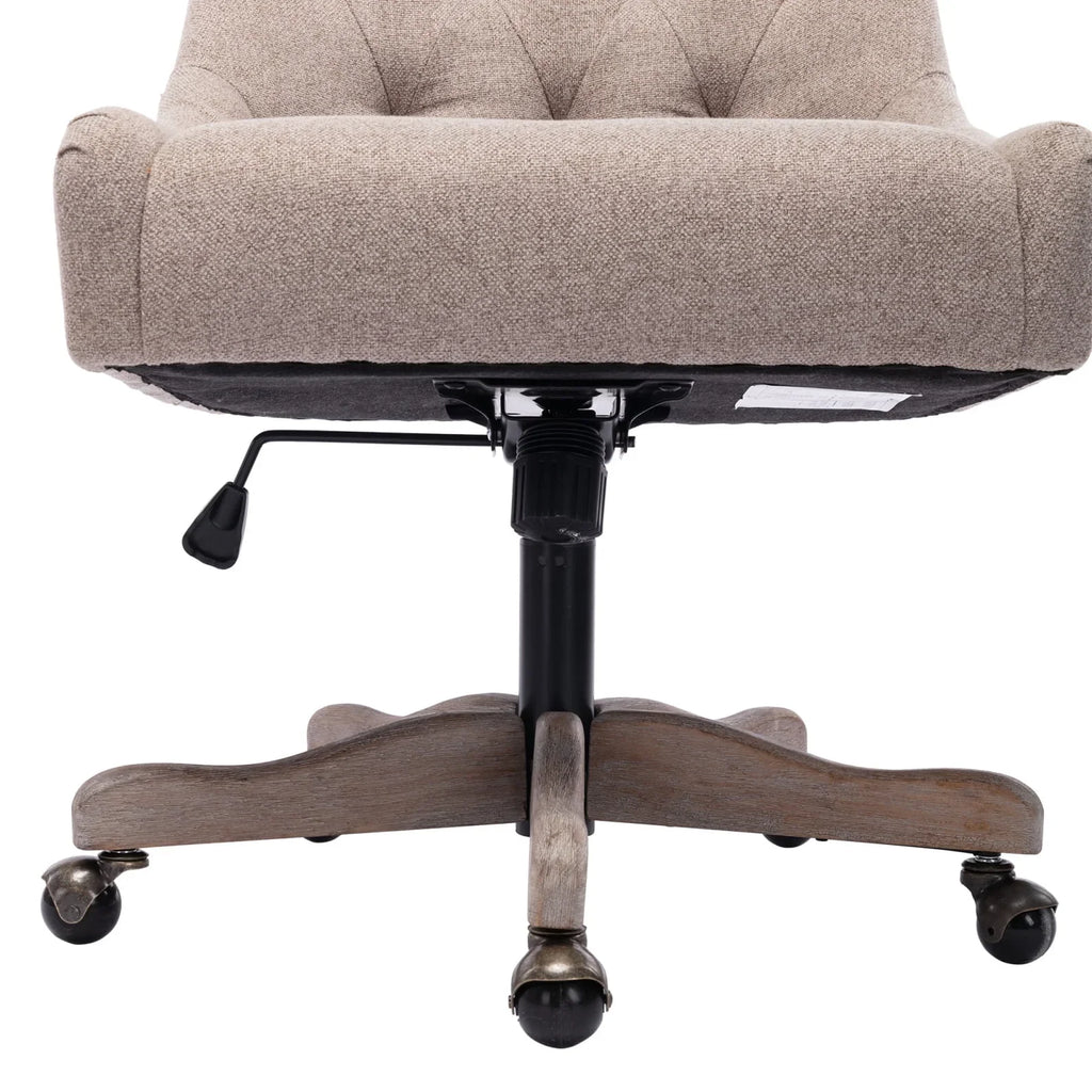 2026 New360 Degree Swivel Office Desk Chair, Upholstered Leisure Vanity Chair with Solid Wood Base and Wheels, Adjustable Height Computer Chair for Bedroom Living Room, Brown