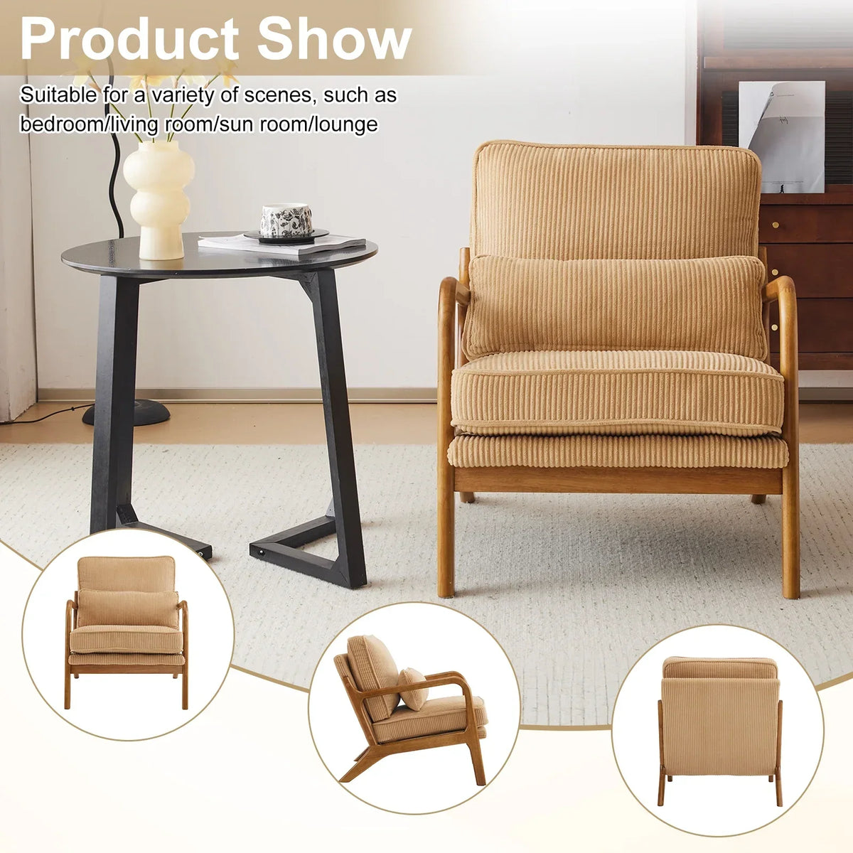 2026 NewKtaxon Accent Chair Corduroy Upholstered Armchair, Reading Club Chair with Pillow and Solid Wood Frame for Living Room Bedroom Furniture Off White