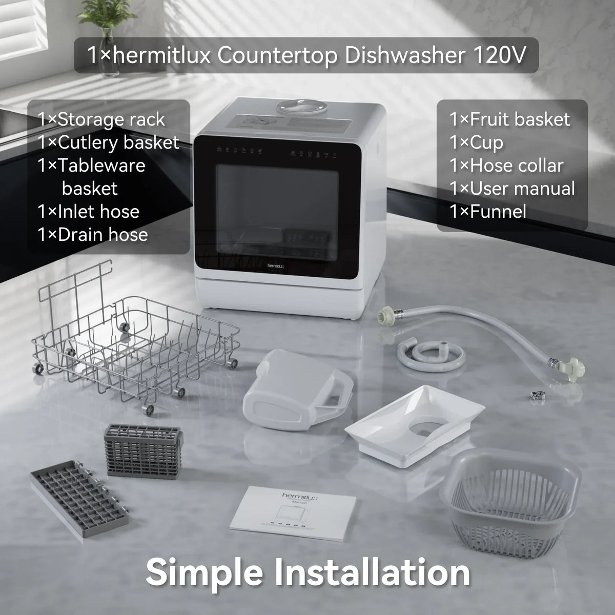 2026 NewHermitlux Portable Countertop Dishwasher, 5 Washing Programs, 5L Built-in Water Tank and Air-Dry Function, HMX-DW03