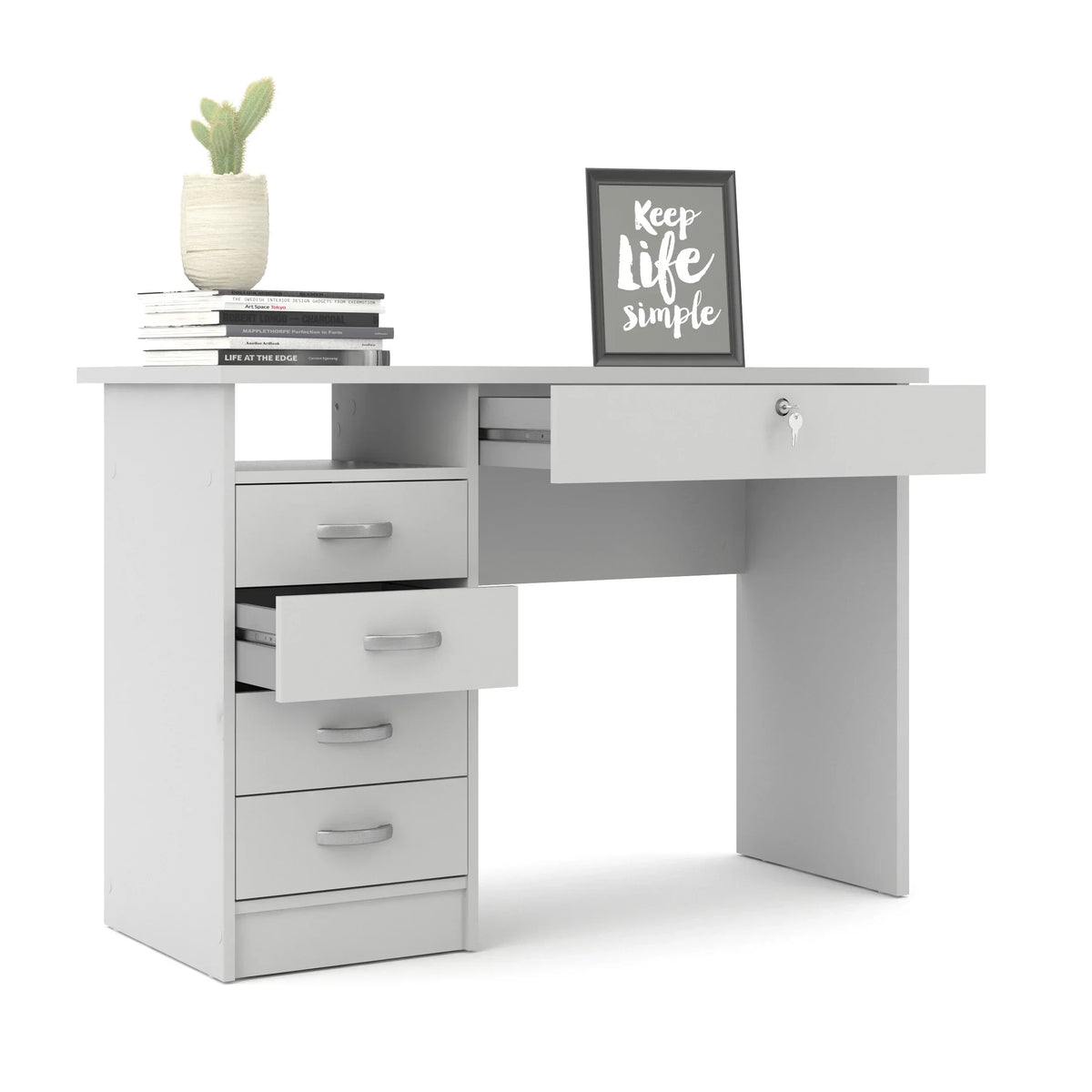 2026 NewTvilum Walden 5 Drawer Office Desk with 1 Locking Drawer for Adults, White