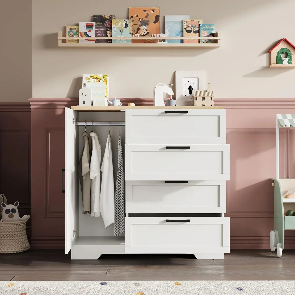 2026 NewAtaucjin Wood Armoire Wardrobe Closet with 4 Drawers and Door, 43.3" H Bedroom Wardrobe Cabinet with Hanging Rod, Clothing Storage Cabinets, 4 Drawers Dresser with Storage Closet